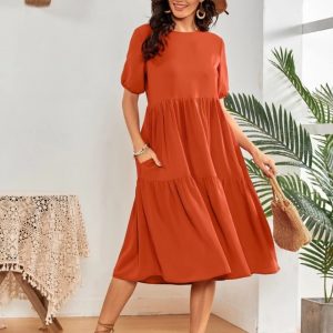 Slant Pocket Flounce Hem Smock Dress