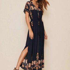  Floral Print Fringe Tie Waist Slit Hem Dress