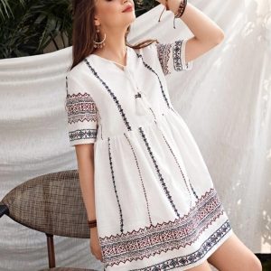 Tie Neck Geo Print Dress (White)