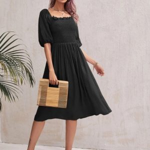 Swiss Dot Frill Shirred A-line Dress (Black)