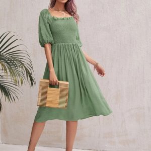 Swiss Dot Frill Shirred A-line Dress (Green)