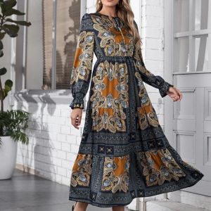 Paisley Print Tie Neck Dress