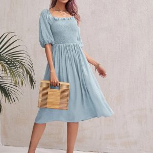 Swiss Dot Frill Shirred A-line Dress (Baby Blue)