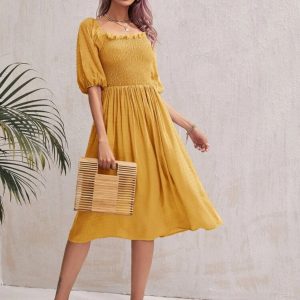 Swiss Dot Frill Shirred A-line Dress ( Yellow)