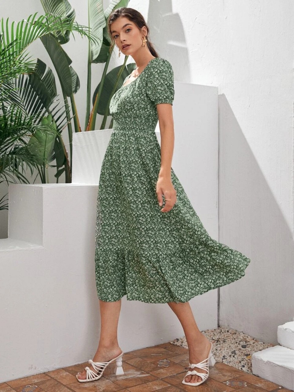 Ditsy Floral Print Shirred Waist Ruffle Hem Dress – CB Shop USA