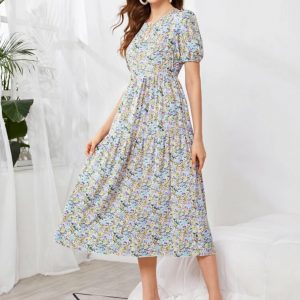 Ditsy Floral Puff Sleeve Midi Dress