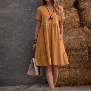 Dual Pocket Solid Smock Dress