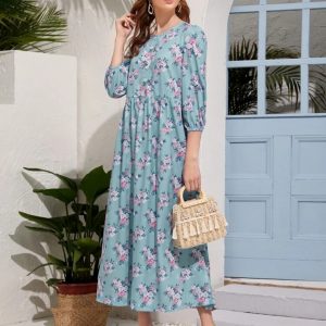 Half Button Allover Floral Print Smock Dress