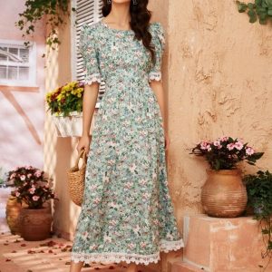 Lace Panel Puff Sleeve Floral A-line Dress (Green Flower)