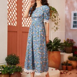 Lace Panel Puff Sleeve Floral A-line Dress (Blue Flower)