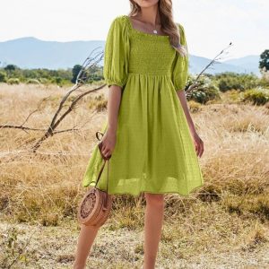 Puff Sleeve Swiss Dot Shirred Dress (Olive Green)