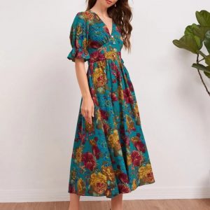 Floral Print Button Front Ruffle Cuff Dress