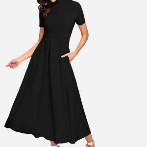 Mock Neck Pocket Side Maxi Flowy Dress (Black)