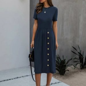 Slant Pocket Button Front Fitted Dress (Dark Blue)