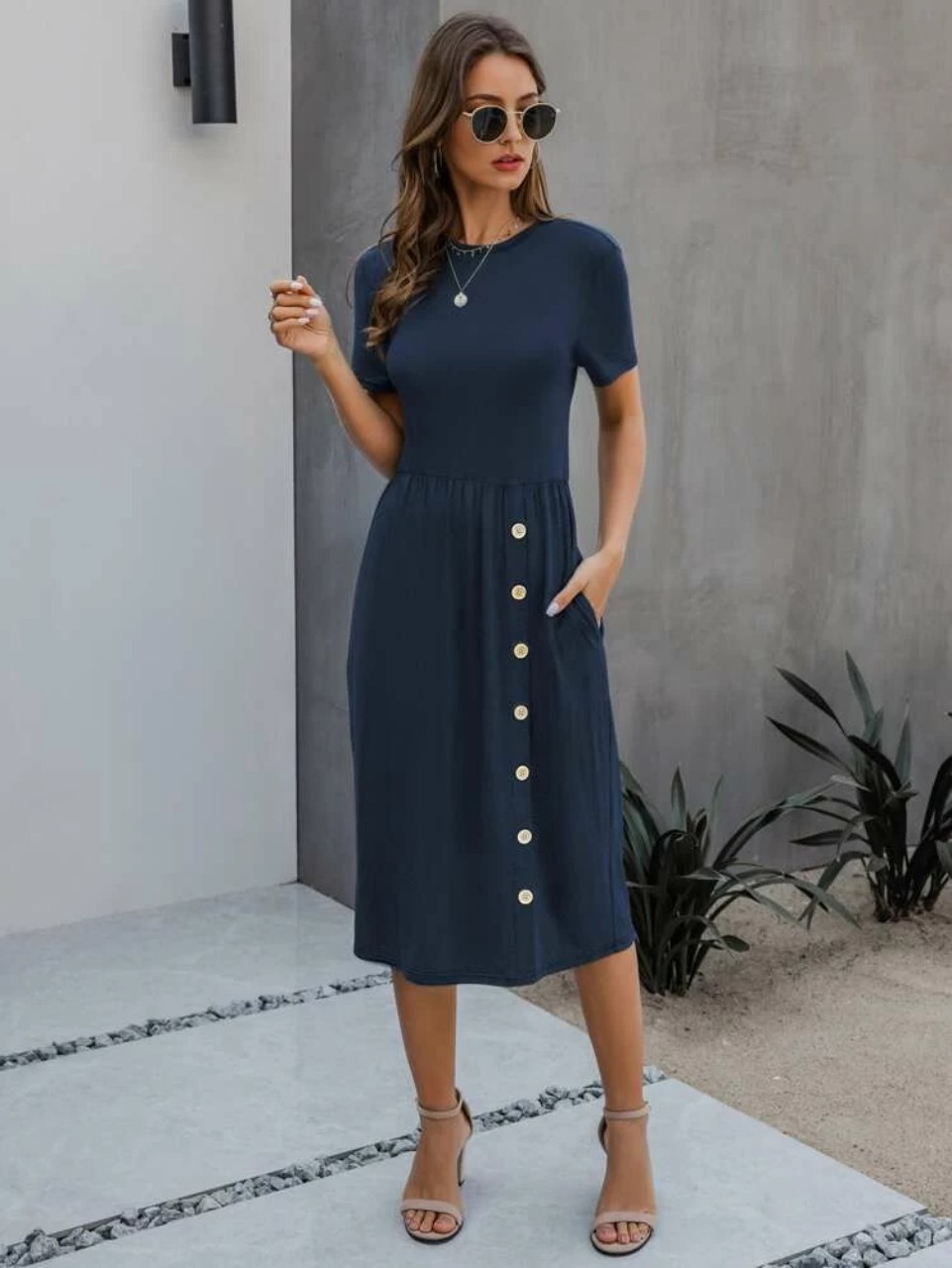Slant Pocket Button Front Fitted Dress (Dark Blue) – CB Shop USA