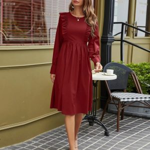 Solid Ruffle Trim Midi A-line Dress (Burgundy)