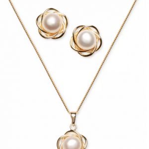 Cultured Freshwater Pearl Flower Necklace & Stud Earrings in 18k Gold-Plated Sterling Silve