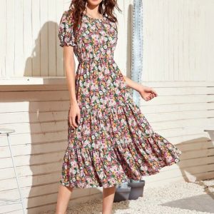 Allover Floral Print Flounce Hem A-line Dress