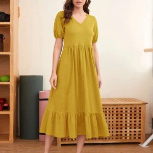 Puff Sleeve Flippy Hem Dress (Mustard Yellow)