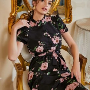 Floral Print Self Tie Shirt Dress (Black Pink Flower)