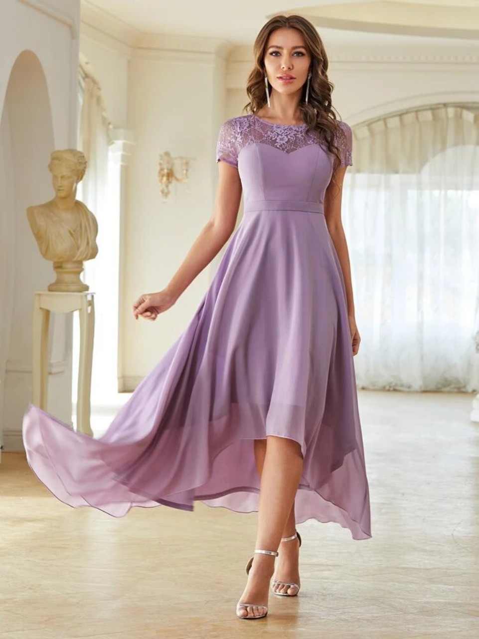Contrast Lace Yoke High Low Hem Dress (Purple) – CB Shop USA