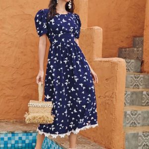 Allover Butterfly Print Lace Trimed A-line Dress (Navy Blue)
