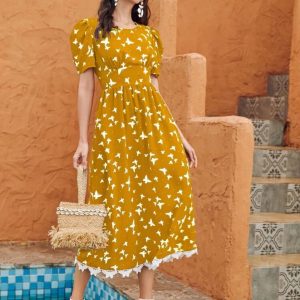 Allover Butterfly Print Lace Trimed Puff Sleeve A-line Dress (Mustard Yellow)