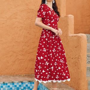 Allover Butterfly Print Lace Trimed A-line Dress ( Red )