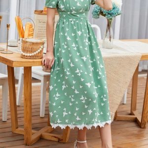 Allover Butterfly Print Lace Trimed Puff Sleeve A-line Dress (Mint Green)