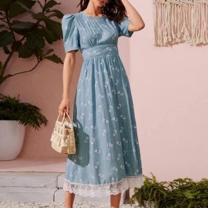 Allover Floral Contrast Lace A-line Dress (Dusty Blue)