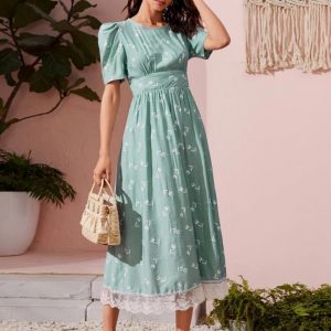 Allover Floral Contrast Lace A-line Dress (Light Green)