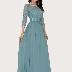 Zip Back Lace Bodice Prom Dress (Cadet Blue)