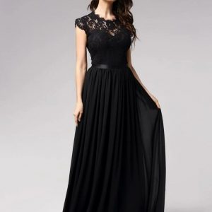 Ribbon Waist Lace Bodice Prom Dress  (Black)