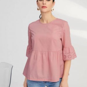 Eyelet Embroidery Cuff Peplum Blouse (Pink)