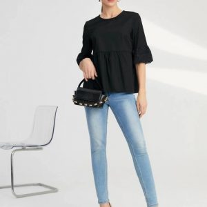 Eyelet Embroidery Cuff Peplum Blouse (Black)