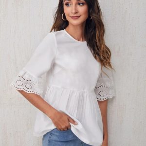 Eyelet Embroidery Cuff Peplum Blouse (White)