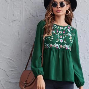 Floral Embroidery Peplum Blouse (Green)