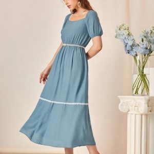 Contrast Lace Square Neck A-line Dress (Blue)