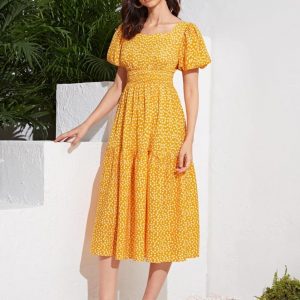 Ditsy Floral Puff Sleeve Shirred Detail Dress