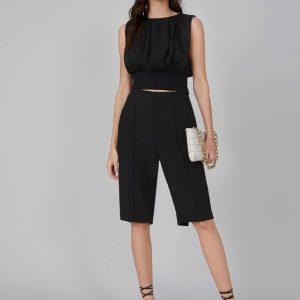 MOTF LINEN CROP GATHERED TOP (Black)