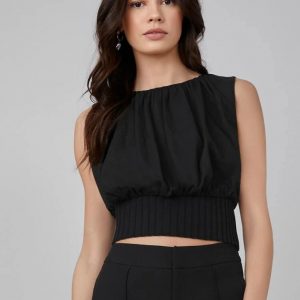 MOTF PREMIUM LINEN CROP GATHERED TOP (Black)