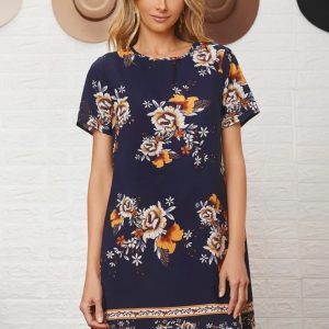 Keyhole Back Floral Print Tunic Dress