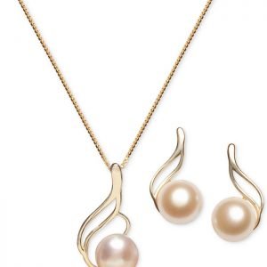 Cultured Freshwater Pearl Necklace & Stud Earrings Set In 18k Gold-Plated Sterling Silver