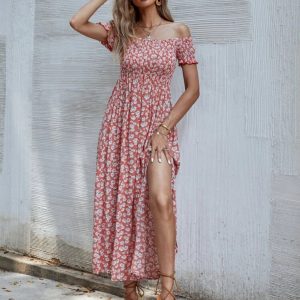 Ditsy Floral Bardot Shirred Split Thigh Dress (Red Flower)