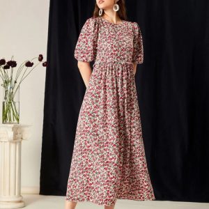 Ditsy Floral Print Puff Sleeve Smock Dress