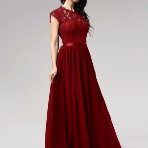 Ribbon Waist Lace Bodice Prom Dress ( Burgundy)