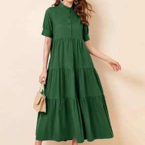 Mock Neck Button Front Babydoll Dress