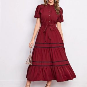 Puff Sleeve Ruffle Hem Self Tie Shirt Dress