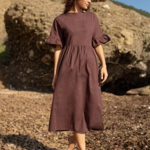 30% LINEN Ruffle Cuff Solid Dress