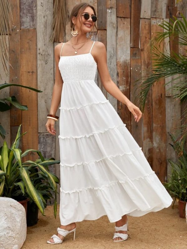 Shirred Detail Frill Layered Hem Cami Dress ( White) – CB Shop USA